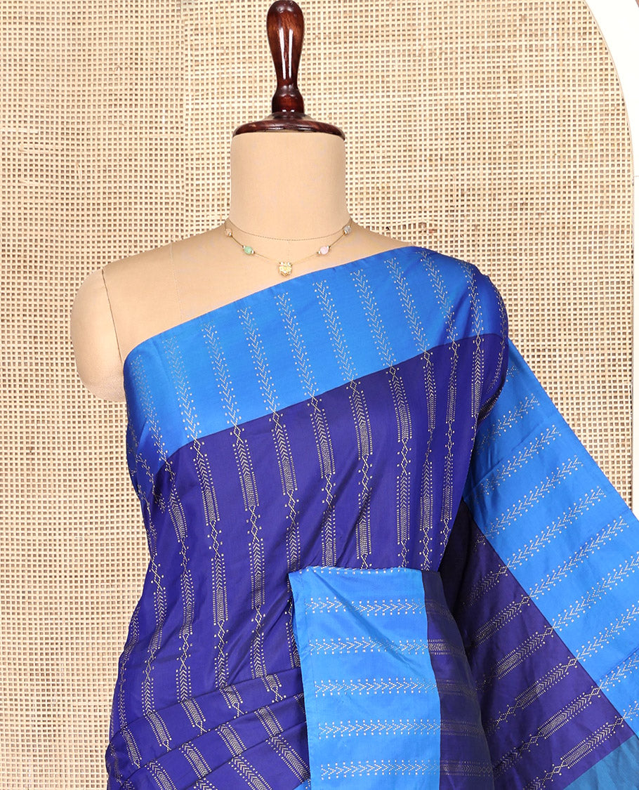 Blue Aarani Gift Saree, Elevated with Zari Stripes on Its Body, Complemented by a Contrast Border, a Pallu of Stripes, and Paired with a Contrast Blouse