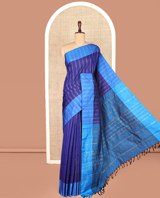 Blue Aarani Gift Saree, Elevated with Zari Stripes on Its Body, Complemented by a Contrast Border, a Pallu of Stripes, and Paired with a Contrast Blouse