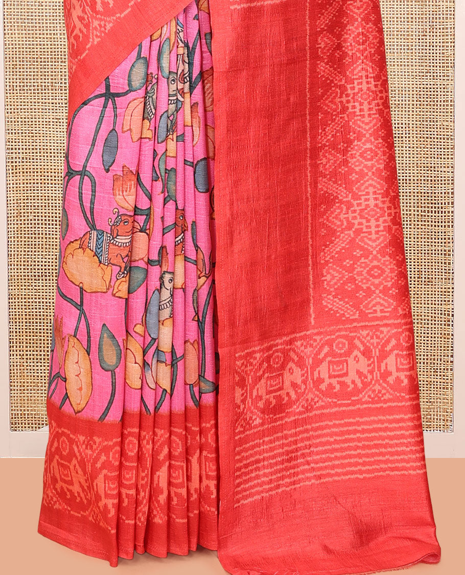Pink Fancy Tussar Saree Features Pichwai Lotus and Cow Print, Contrast Patola Elephant Border, Patola  Pallu, and a Contrast Blouse