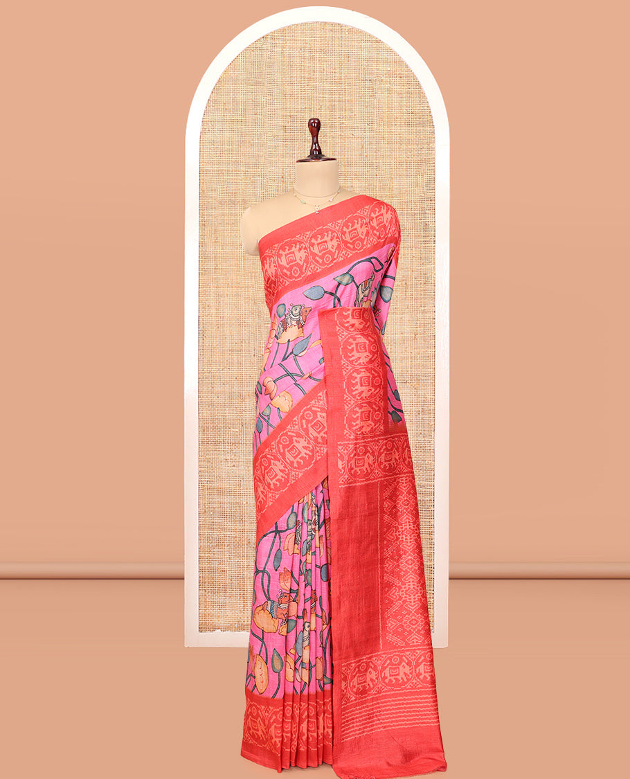 Pink Fancy Tussar Saree Features Pichwai Lotus and Cow Print, Contrast Patola Elephant Border, Patola  Pallu, and a Contrast Blouse