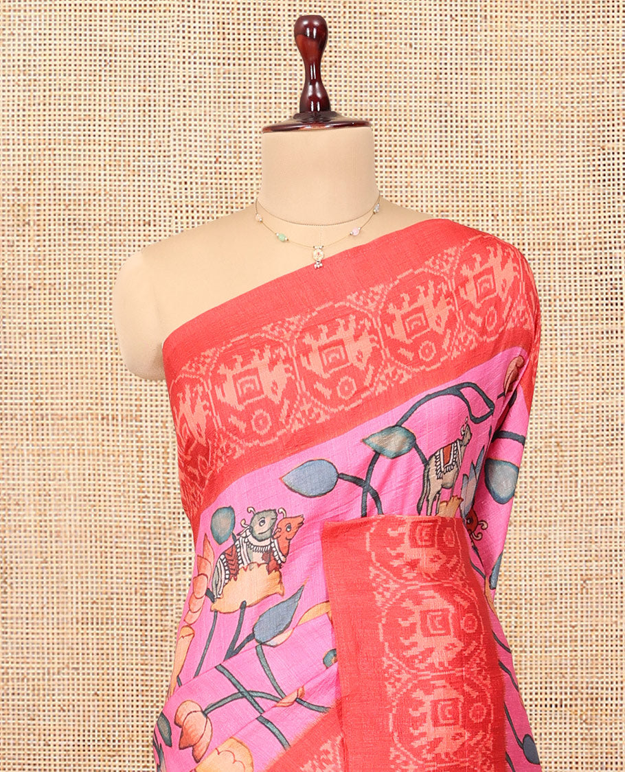 Pink Fancy Tussar Saree Features Pichwai Lotus and Cow Print, Contrast Patola Elephant Border, Patola  Pallu, and a Contrast Blouse