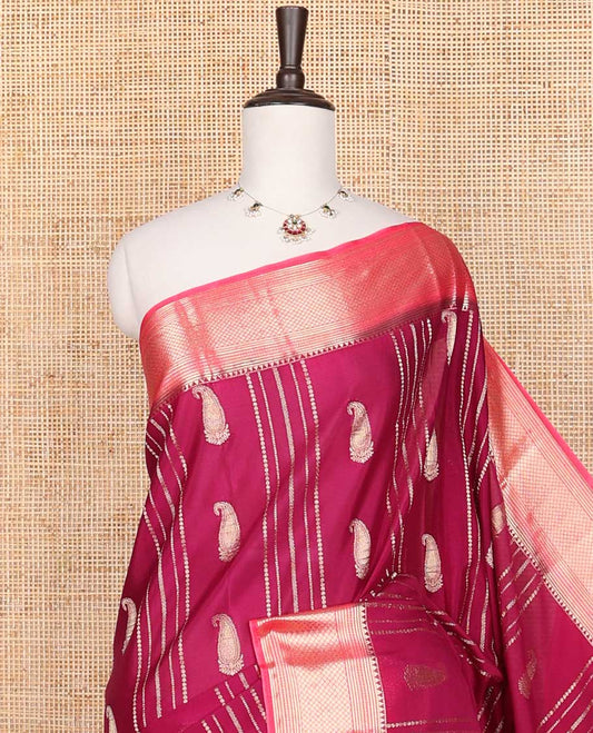 Maroon all-over striped, paisely mysore silk saree with contrast intricate zari design border