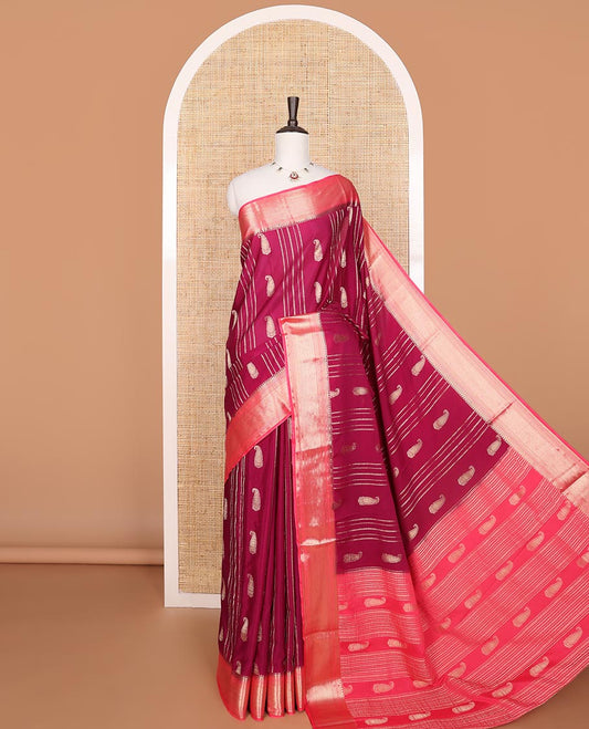 Maroon all-over striped, paisely mysore silk saree with contrast intricate zari design border