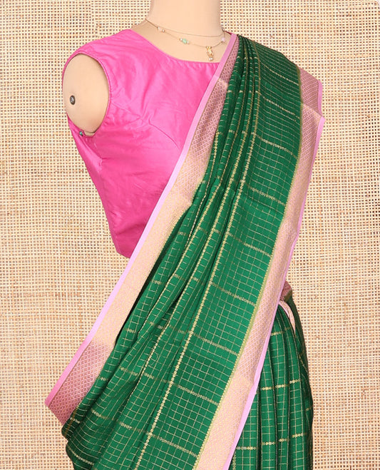 Green Mysore Silk Saree, Ornamented with Zari Checked Design on Its Body, Complemented by a Contrast Traditional Zari Design Border, Sparsely Woven Pallu of Stripes, and Paired with a Contrast Blouse