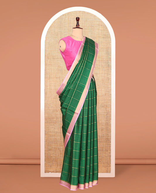 Green Mysore Silk Saree, Ornamented with Zari Checked Design on Its Body, Complemented by a Contrast Traditional Zari Design Border, Sparsely Woven Pallu of Stripes, and Paired with a Contrast Blouse