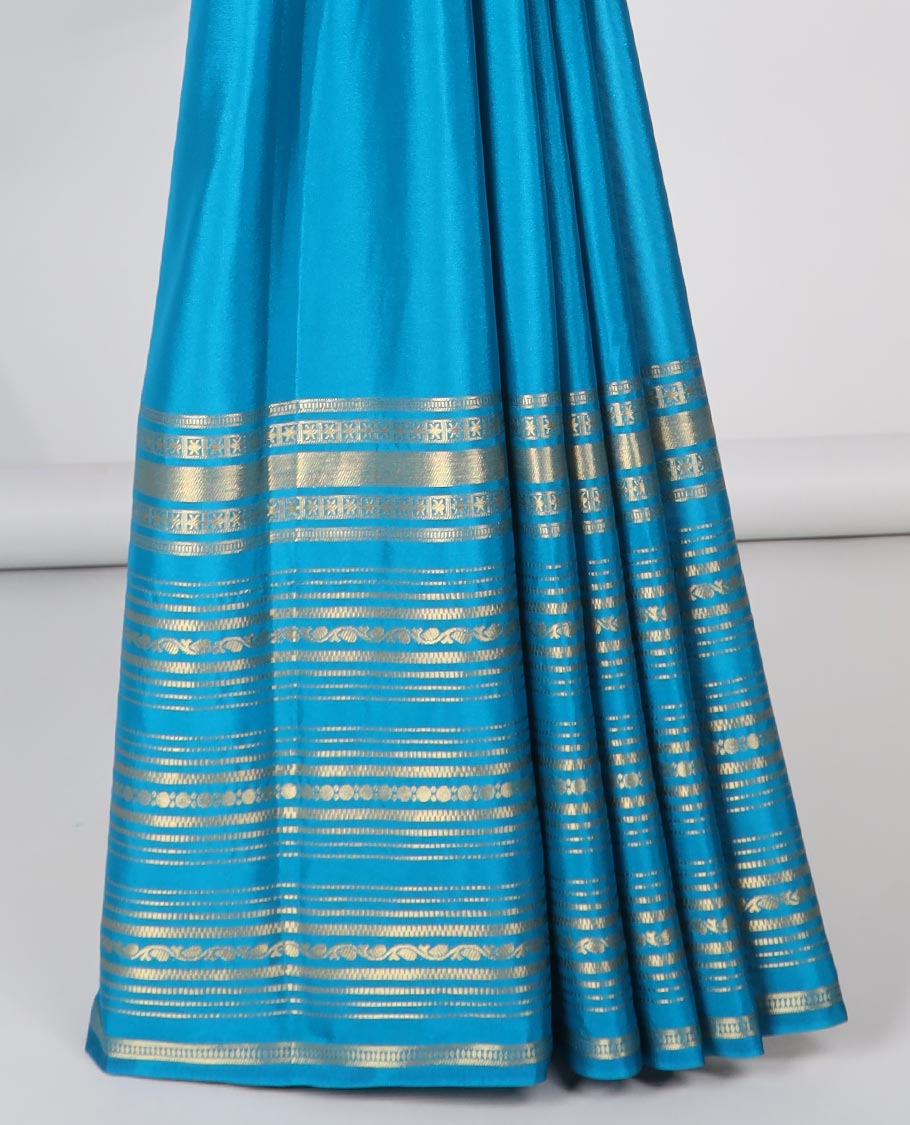 Blue mysore silk saree with contrast traditional design border &  striped zari pallu