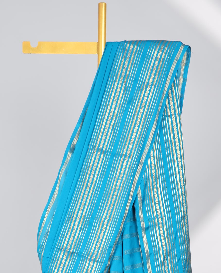 Blue mysore silk saree with contrast traditional design border &  striped zari pallu