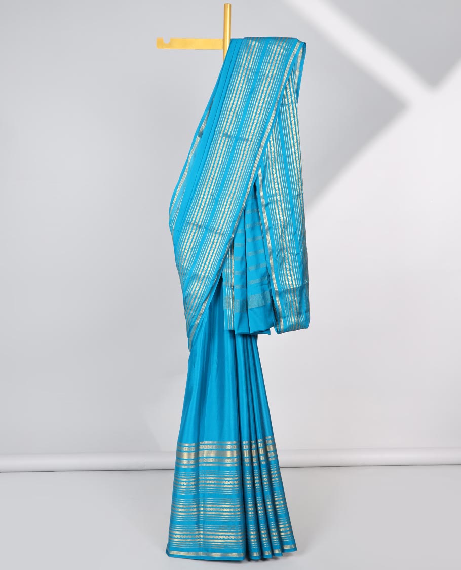 Blue mysore silk saree with contrast traditional design border &  striped zari pallu