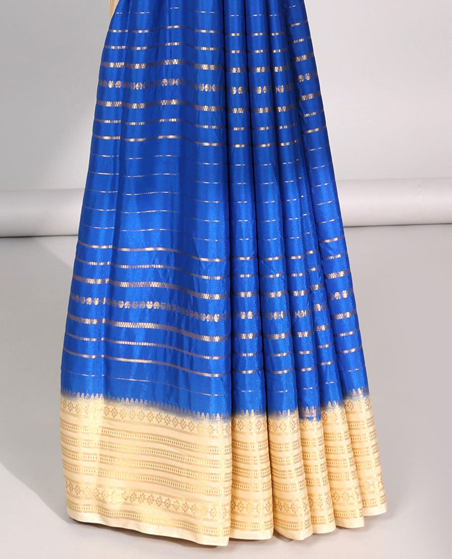 Blue striped design mysore silk saree with contrast intricate zari border & pichwai theme printed pallu