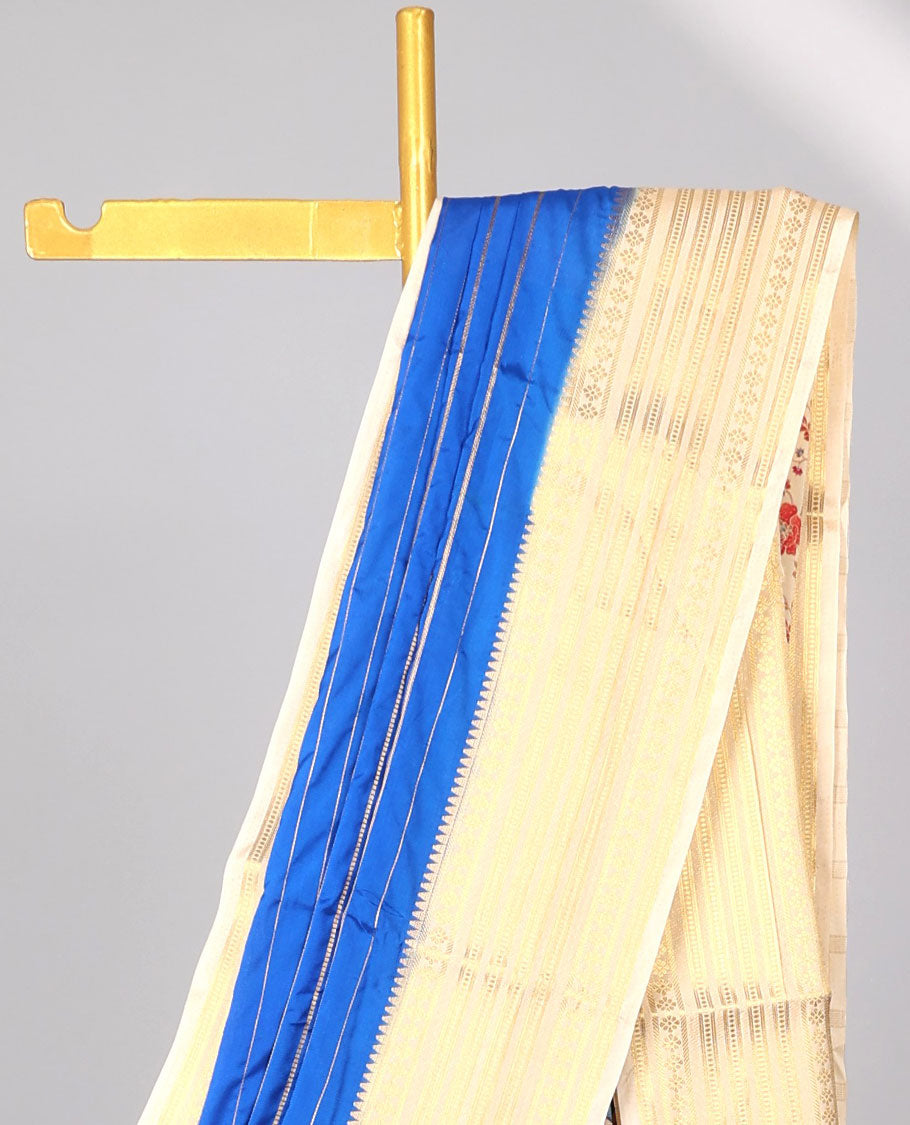 Blue striped design mysore silk saree with contrast intricate zari border & pichwai theme printed pallu