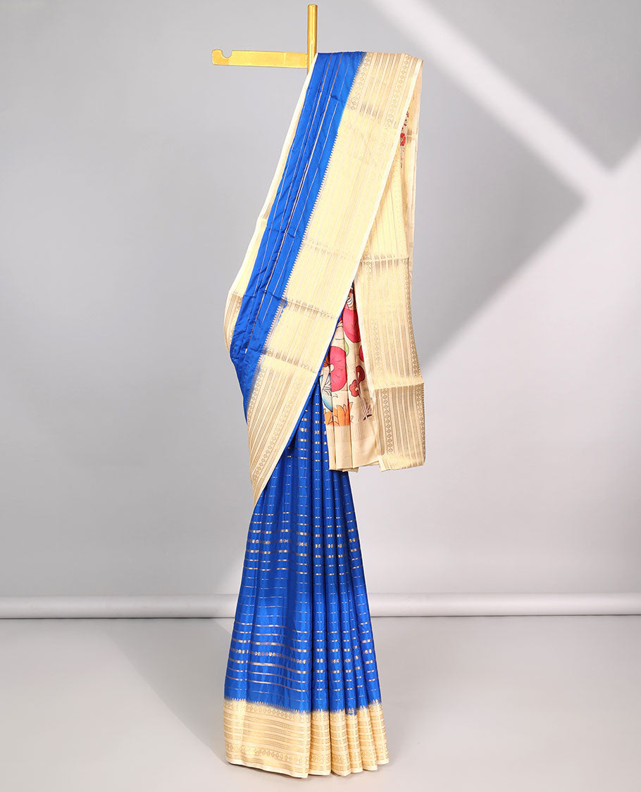 Blue striped design mysore silk saree with contrast intricate zari border & pichwai theme printed pallu