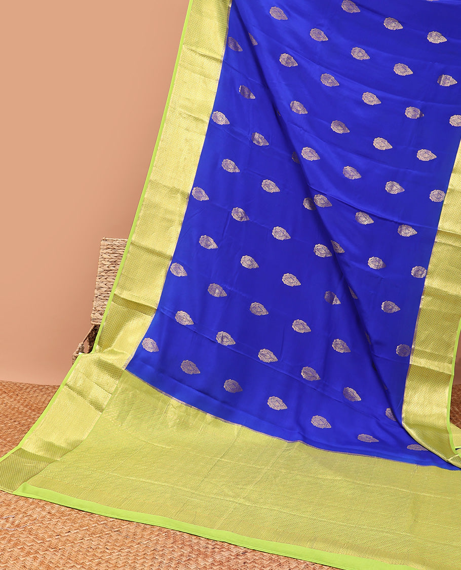 Blue buttas mysore silk saree with contrast ogee zari design border & intricate striped design pallu