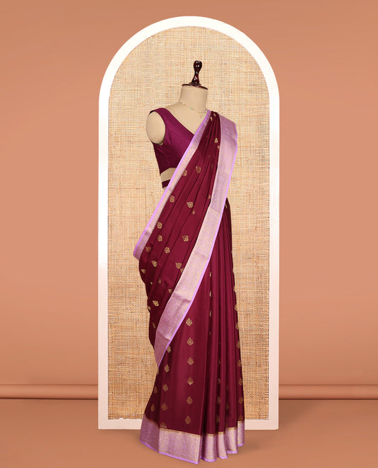 Maroon Mysore Silk Saree Features Zari Buttas, Contrast Traditional Zari Border, a Grand Pallu, and a Contrast Blouse