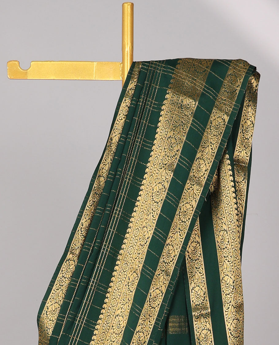 Green checked art mysore silk saree with self zari design border & striped zari pallu