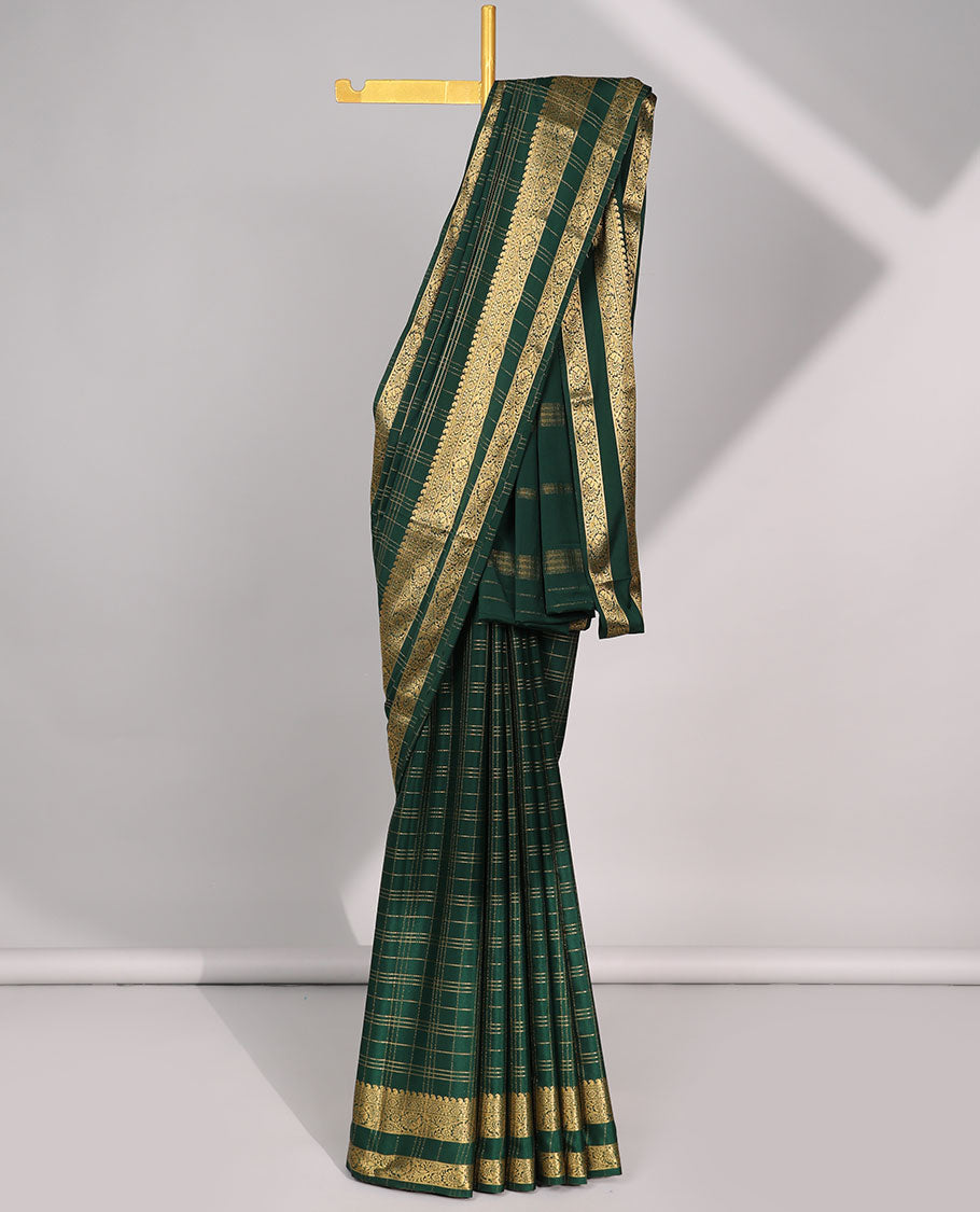 Green checked art mysore silk saree with self zari design border & striped zari pallu