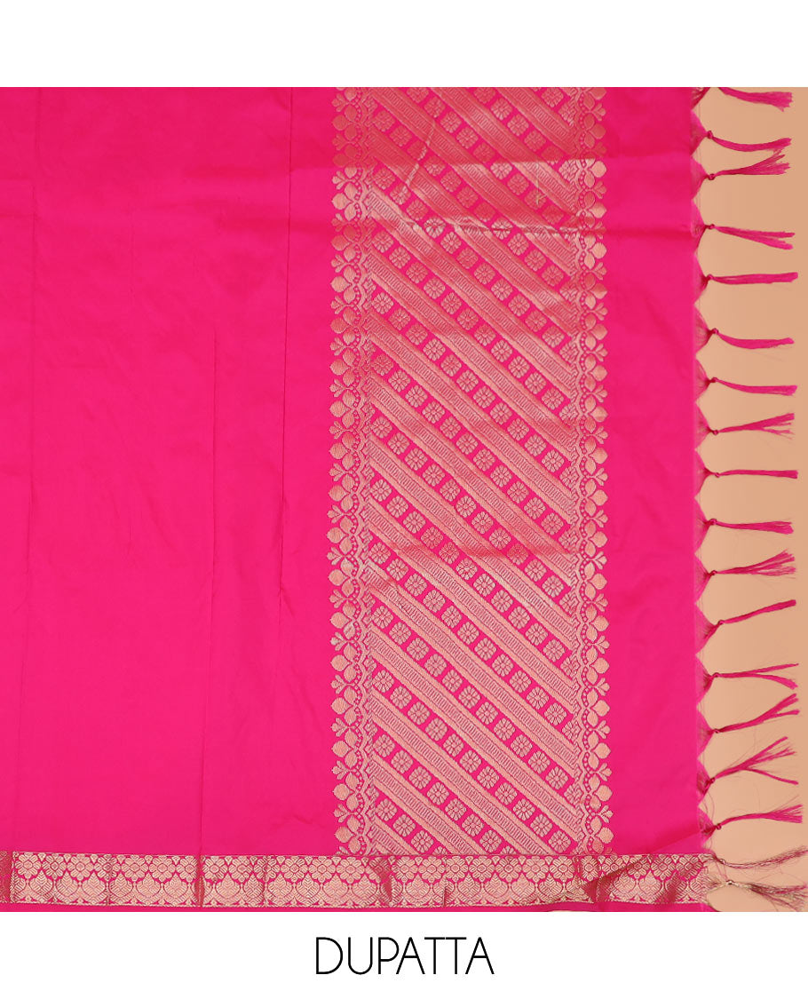 Light onion pink jacquard art-silk half-saree, contrast traditional zari bordered skirt, jacquard blouse, and a intricate dhavani