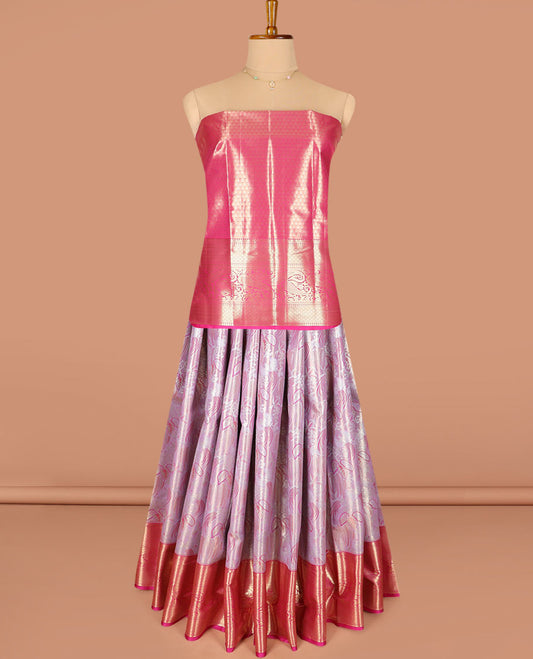 Light onion pink jacquard art-silk half-saree, contrast traditional zari bordered skirt, jacquard blouse, and a intricate dhavani