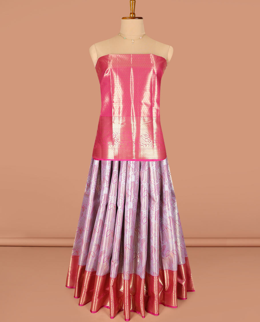 Light onion pink jacquard art-silk half-saree, contrast traditional zari bordered skirt, jacquard blouse, and a intricate dhavani