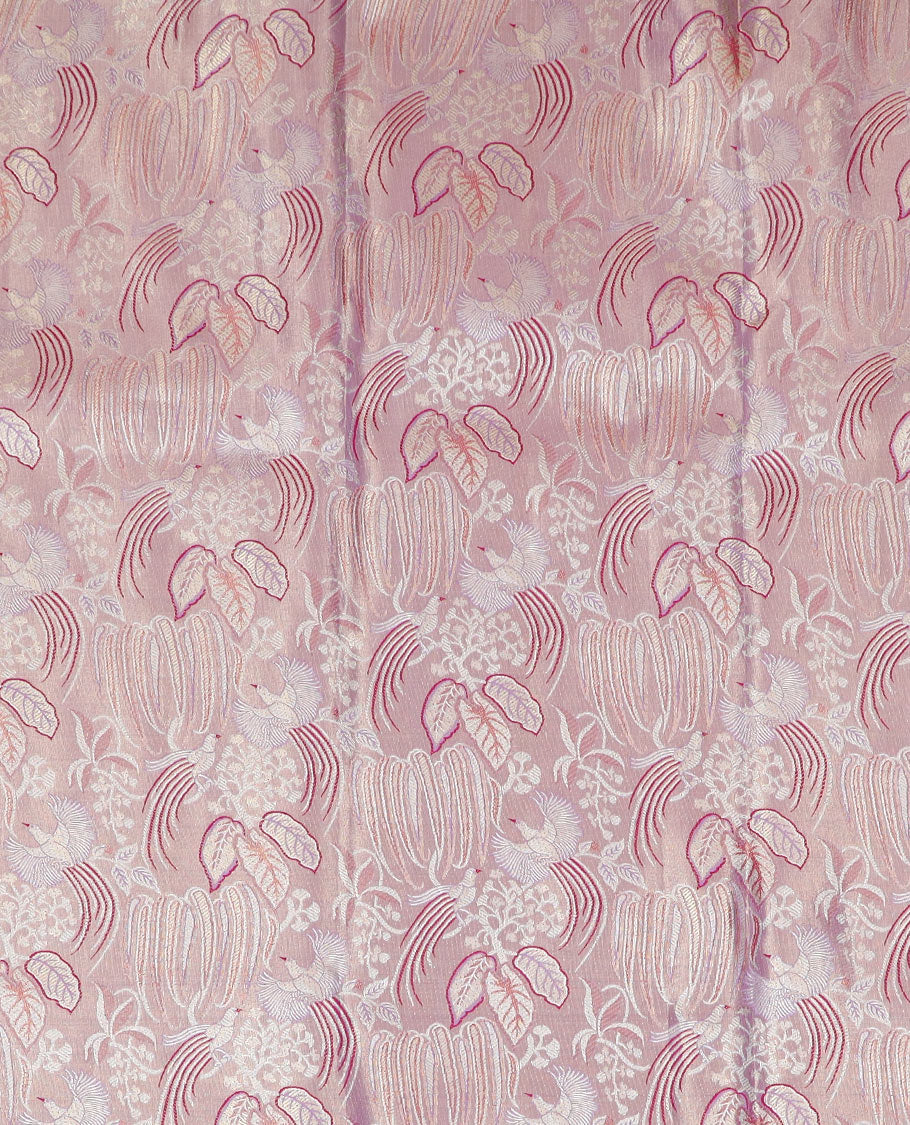 Light onion pink jacquard art-silk half-saree, contrast traditional zari bordered skirt, jacquard blouse, and a intricate dhavani