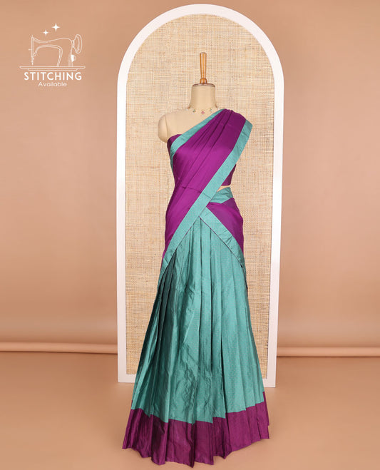 Sea blue geometric design poly-cotton half saree with contrast border, plain blouse & plain, geometric design border dhavani