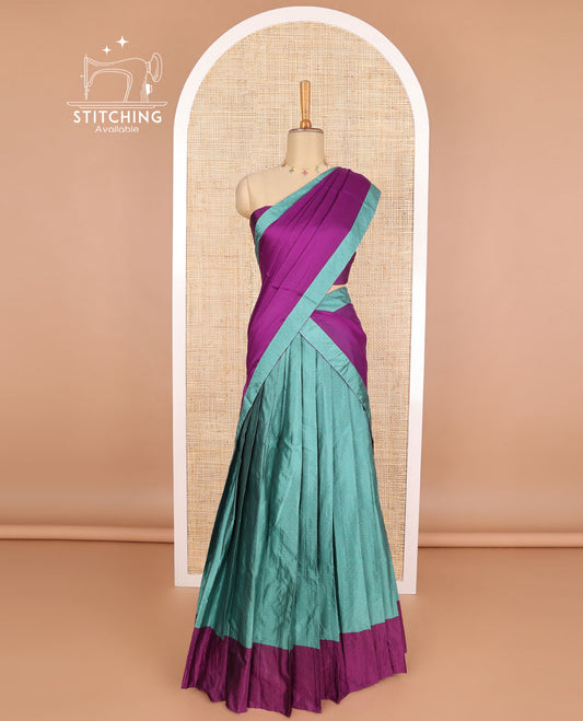 Sea blue geometric design poly-cotton half saree with contrast border, plain blouse & plain, geometric design border dhavani