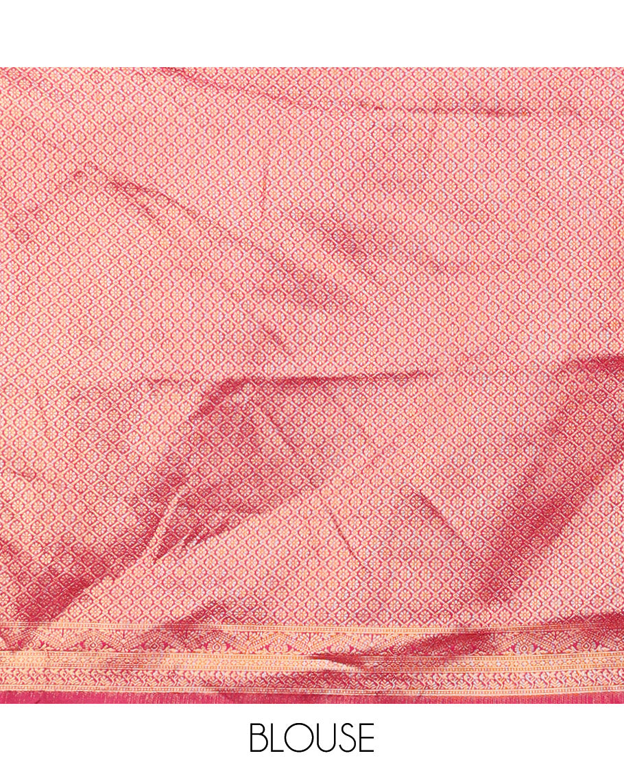 Gold-pink zari buttas half-saree with contrast Mughal-style paisley motifs woven bordered skirt, brocade blouse, and a zari design dhavani