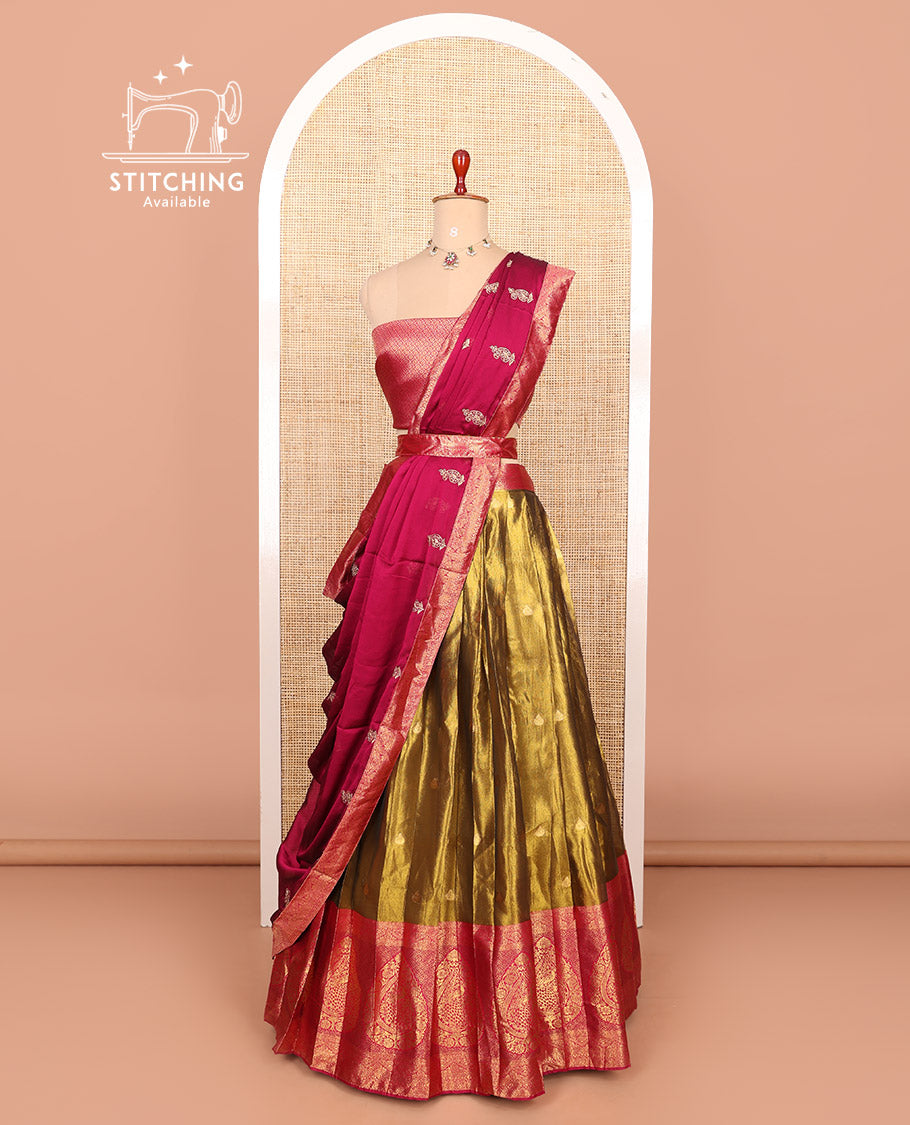 Gold-pink zari buttas half-saree with contrast Mughal-style paisley motifs woven bordered skirt, brocade blouse, and a zari design dhavani