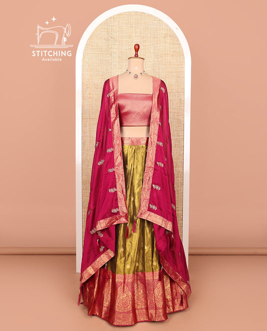 Gold-pink zari buttas half-saree with contrast Mughal-style paisley motifs woven bordered skirt, brocade blouse, and a zari design dhavani