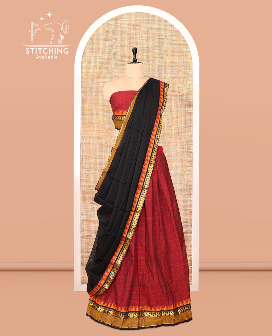 Maroon Cotton Half-Saree Features Checked Skirt, a Contrast Traditional Rettai Pettu Border, a Matching Blouse, and a Contrast Dhavani