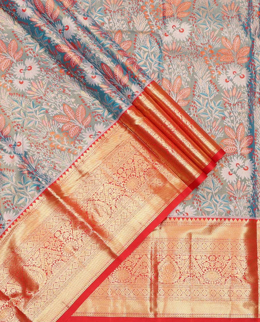 Blue Art Silk Material Half Saree Set, Opulently Embellished with Tropical-Floral Jacquard Design Skirt, a Contrast Traditional Zari Design Border, Contrast Zari-Jacquard Blouse, and a Dhavani of Floral Designs