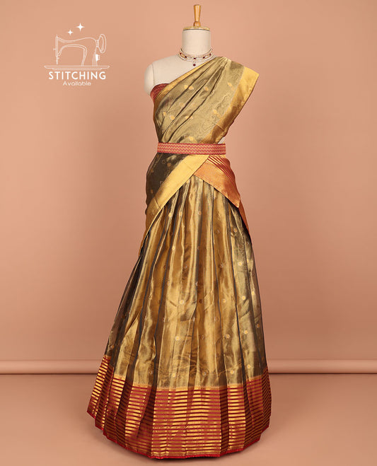 Brown buttas half saree with contrast striped border, intricate zari design blouse & butta , striped zari design dhavani