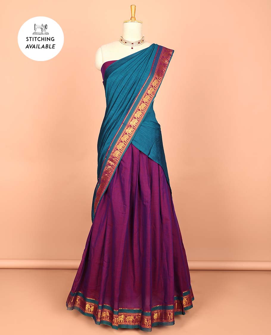 Blue cotton half saree with contrast zari border, plain blouse & plain with zari border dhavani