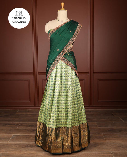 Green floral vine design half saree with contrast zari design border, zari design blouse & floral embroidery scallop border dhavani