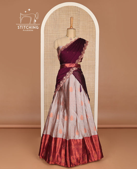 Pale brown floral vine design hald saree with contrast zari design border, zari design blouse & floral embroidery scallop border dhavani