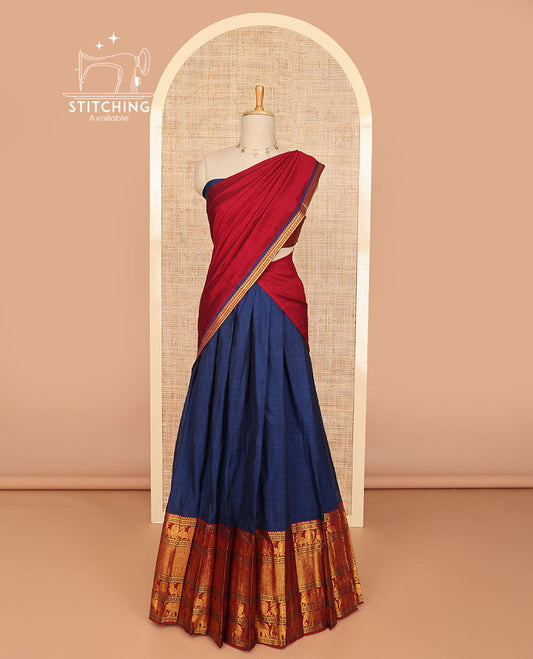 Blue half saree with contrast zari design border, zari design blouse & plain, zari design border dhavani
