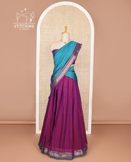 Purple cotton half saree with contrast zari design border, zari design blouse & plain, zari design border dhavani