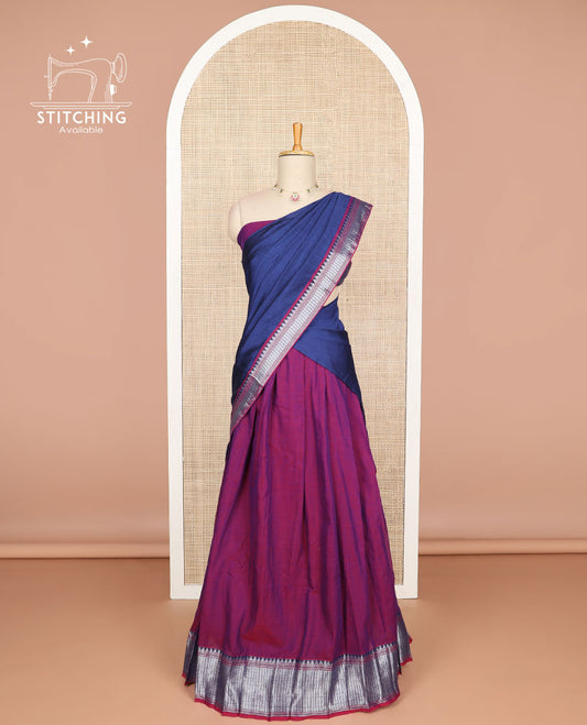 Maroon cotton half saree with contrast zari design border, zari design blouse & zari design border dhavani