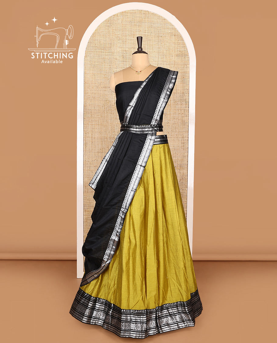 Green Art Silk Half-Saree Featuring Plain Skirt, Complemented by Contrast Traditional Zari Design Border, Paired with a Contrast Blouse, Contrast Zari-Bordered Dhavani, and Brocade Belt