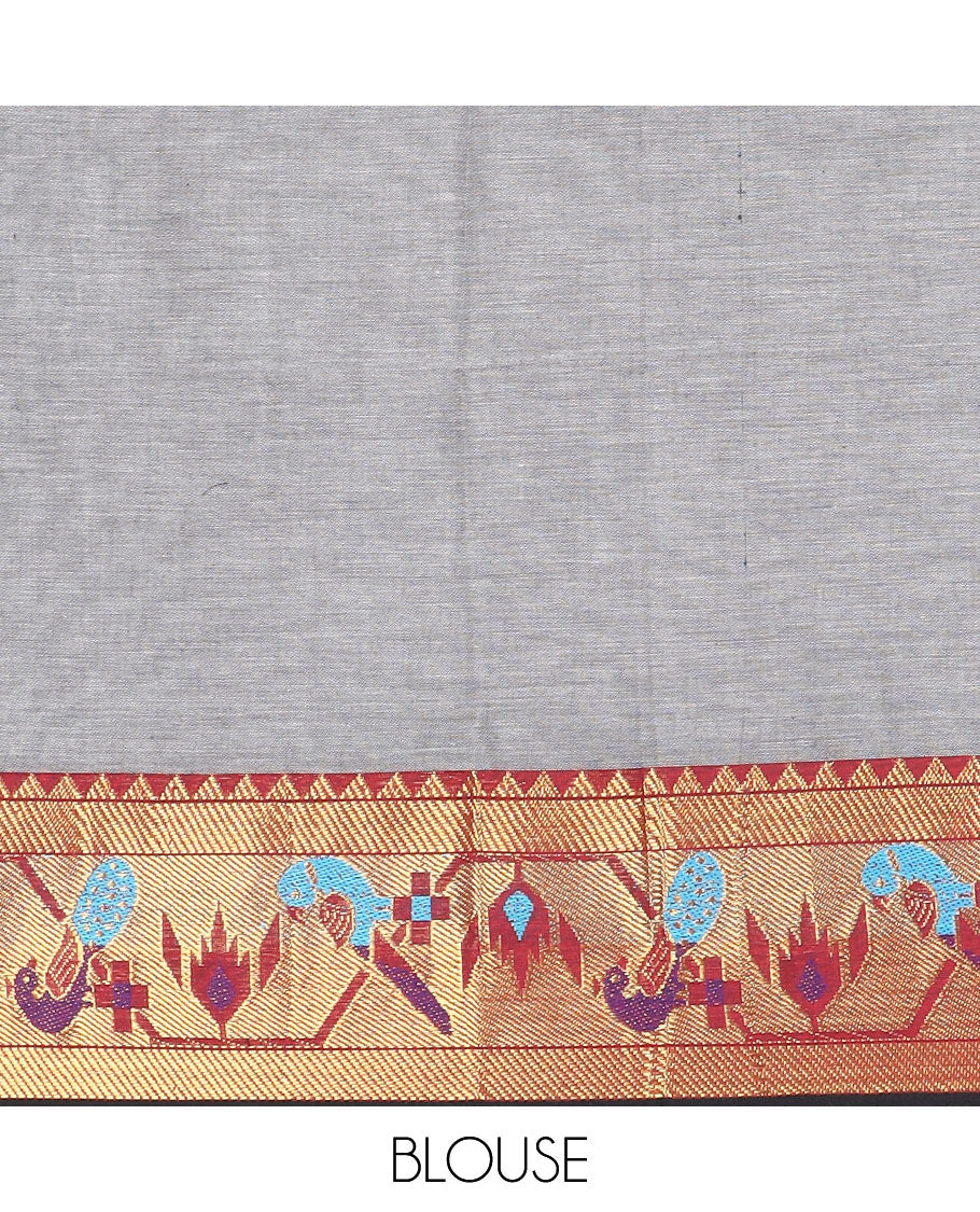 Grey cotton half-saree, plain with contrast paithani bordered skirt, matching blouse, and a contrast zari border dhavani
