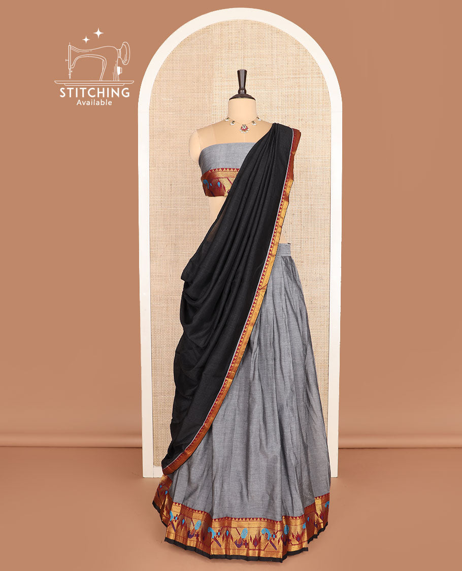 Grey cotton half-saree, plain with contrast paithani bordered skirt, matching blouse, and a contrast zari border dhavani