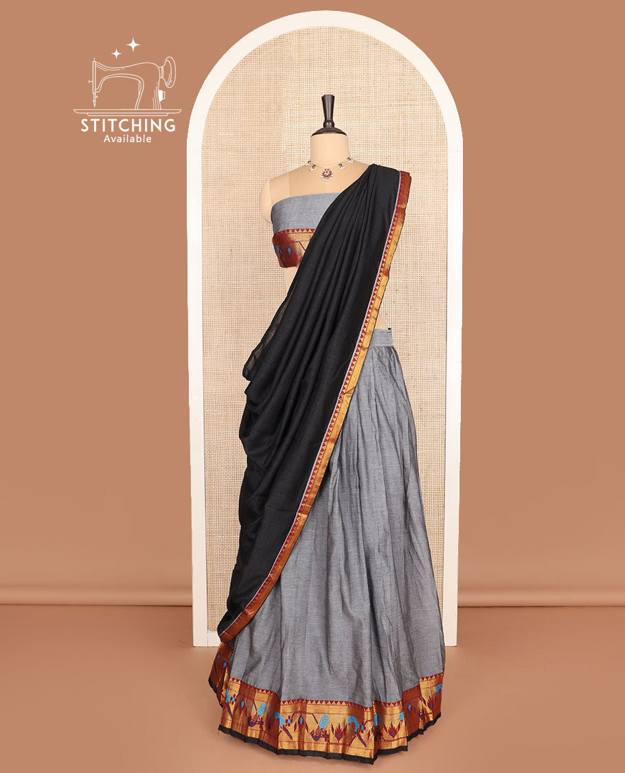 Grey cotton half-saree, plain with contrast paithani bordered skirt, matching blouse, and a contrast zari border dhavani