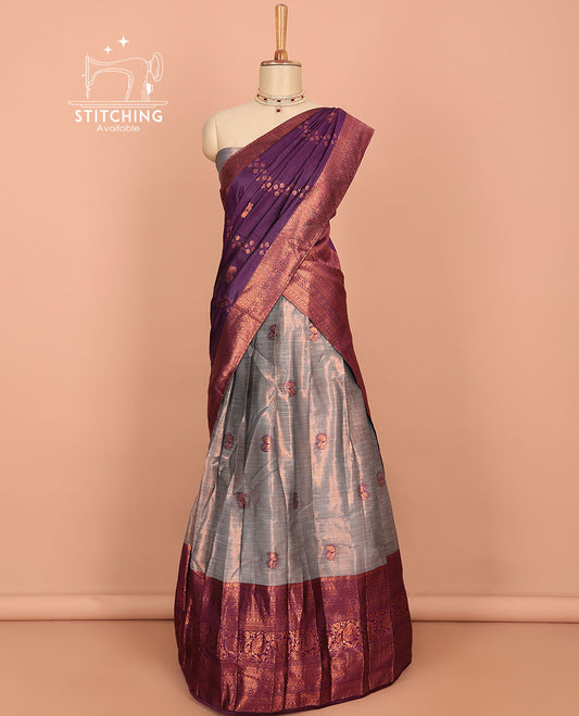 Grey buttas art silk half saree, contrast traditional design border, zari design blouse & intricate dhavani