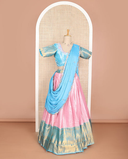 Peach floral art silk half saree with contrast zari design border, embroidered blouse & floral embroidery dhavani