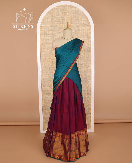 Maroon cotton half saree with contrast intricate zari design border, zari design blouse & plain, zari design border dhavani