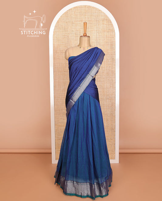 Ink Blue cotton half saree with contrast traditional zari design border, zari design blouse & plain, zari design border dhavani