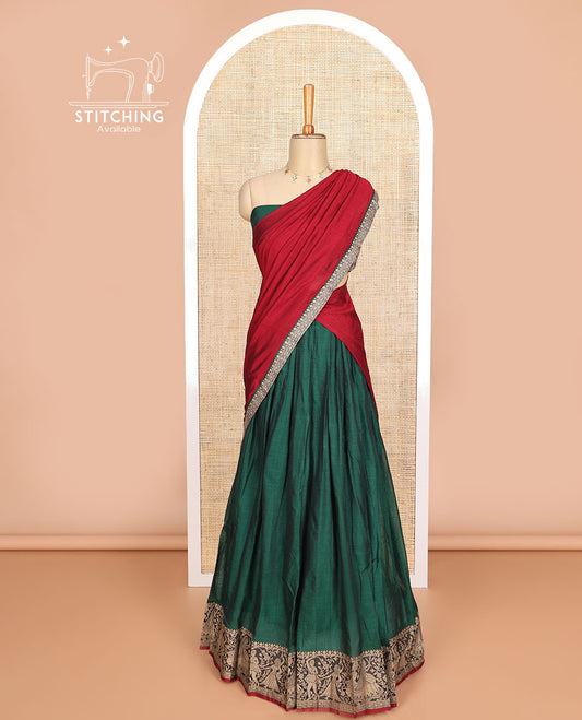 Green cotton half saree with contrast wedding design border, zari design blouse & plain , zari design border dhavani