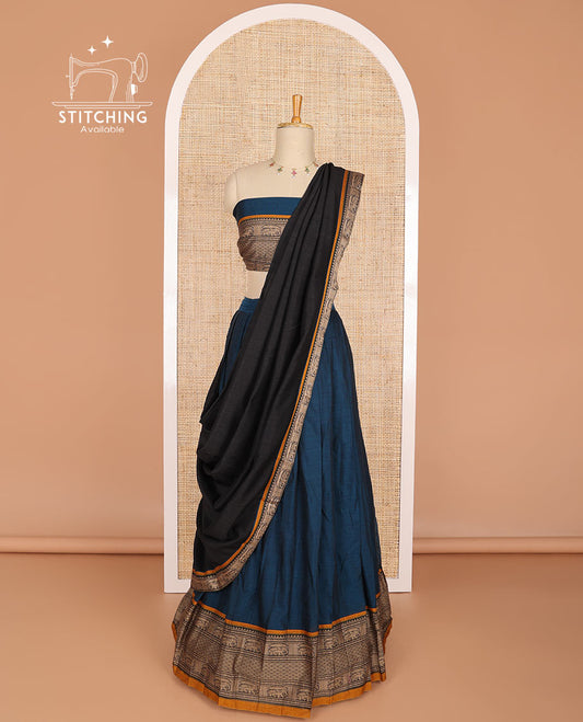 Blue cotton half saree with contrast elephant motifs border, elephant design blouse & elephant design border dhavani