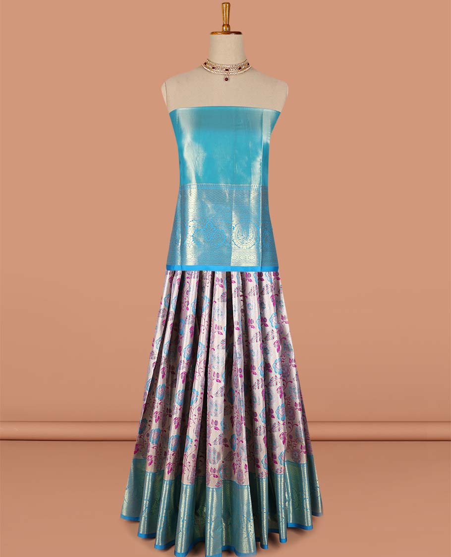 Blue  floral vine design art-silk half saree, contrast traditional zari border,zari design blouse & intricate dhavani