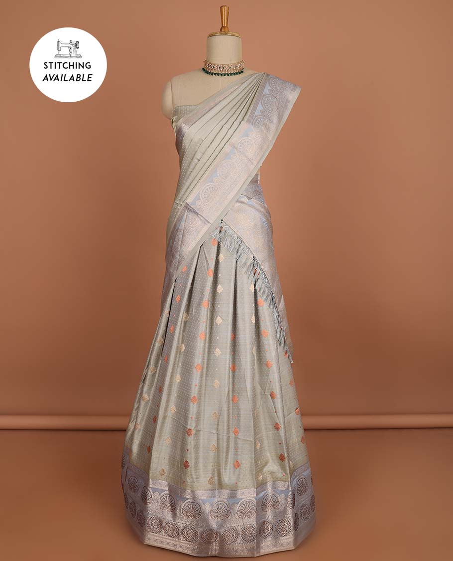 Green floral buttas half sare with contrast zari border, zari design blouse & intricate zari design dhavani