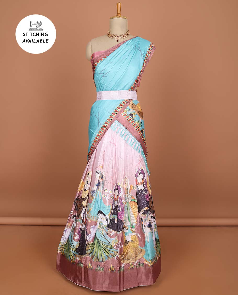 Pink human design half saree with contrast border, unique design blouse & human design dhavani